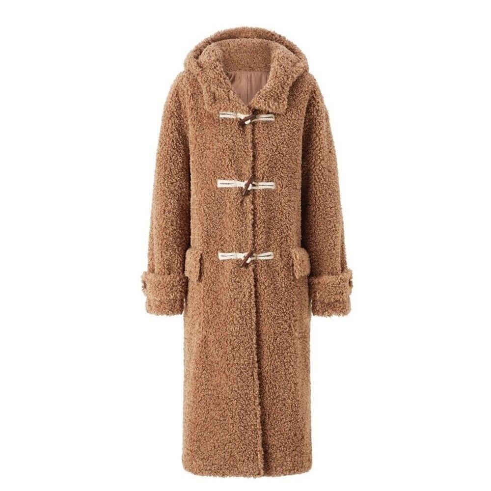 Mango Renne Brown Teddy Shearling Coat Hooded Coat toggle closure sz XS - Picture 2 of 14